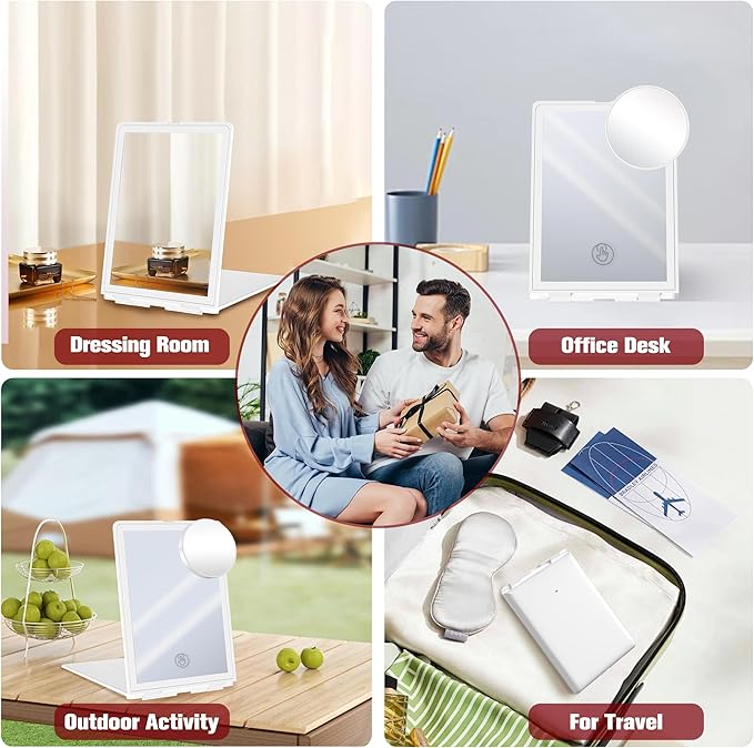 Travel Makeup Mirror with Lights, Rechargeable Portable Folding Compact Mirror Set with Tweezer, Lighted Makeup Mirrors with 72 LED 3 Color Light Modes, Dimmable Touch Screen LED Mirrors