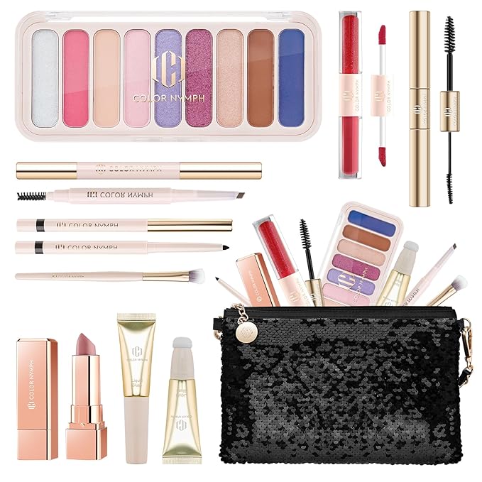 Color Nymph All in One Makeup Kit for Women & Girls, Cosmetics Gift Set with Sequin Shoulder Bag Includes Eyeshadow Palette, Lip Gloss, Lipstick, Liquid Blush, Eyeliner, Eyebrow pencil, Mascara, Brush