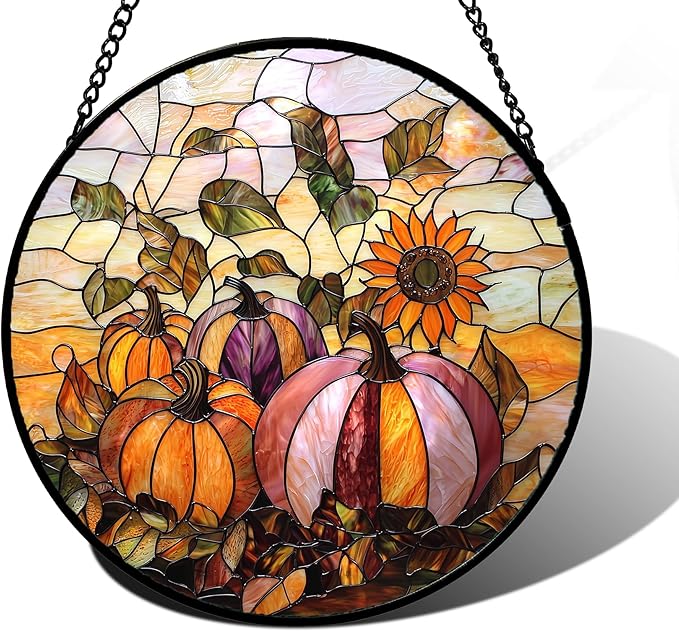 Stained Glass Window Hanging, Pumpkin Sunflower Suncatcher Diamond Glass Panel Sun Catchers Decor for Birthday for Women, Men, Wife, Aunt, and Mom 6.3 in