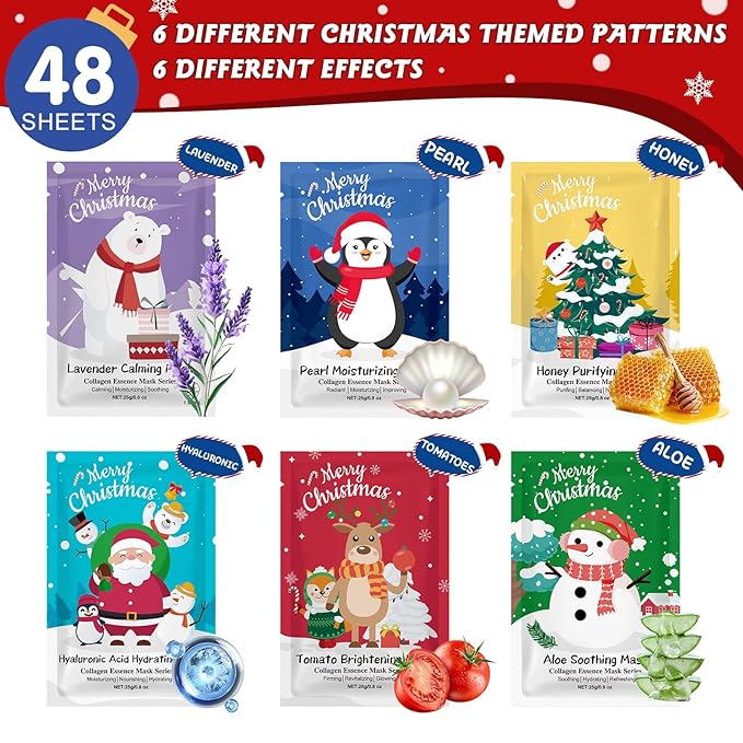 48 Pack Christmas Facial Masks for Stocking Stuffers, Bulk Moisturizing Facial Masks Set for Women Skin Care, Sheet Face Masks Skincare, Cute Christmas Gifts for Women