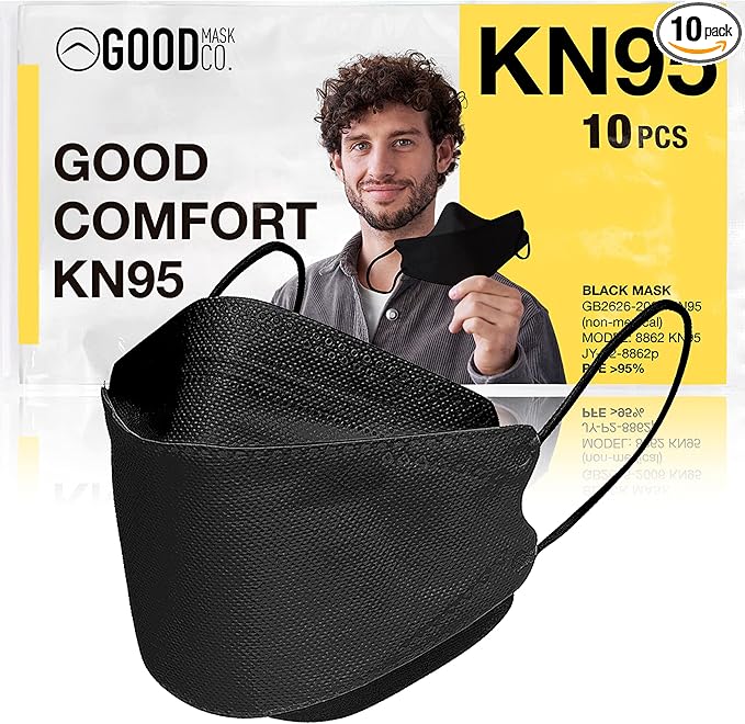 Good Mask Co. Good Comfort KN95 Face Mask, Disposable KN95 Face Mask, Folding, Filter Efficiency 95%, Comfortable Face Masks, Bulk Face Masks (10 Pack of Masks, Black)