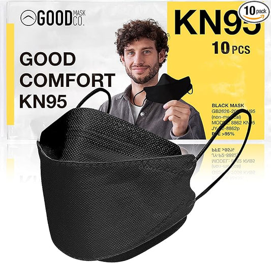 Good Mask Co. Good Comfort KN95 Face Mask, Disposable KN95 Face Mask, Folding, Filter Efficiency 95%, Comfortable Face Masks, Bulk Face Masks (10 Pack of Masks, Black)