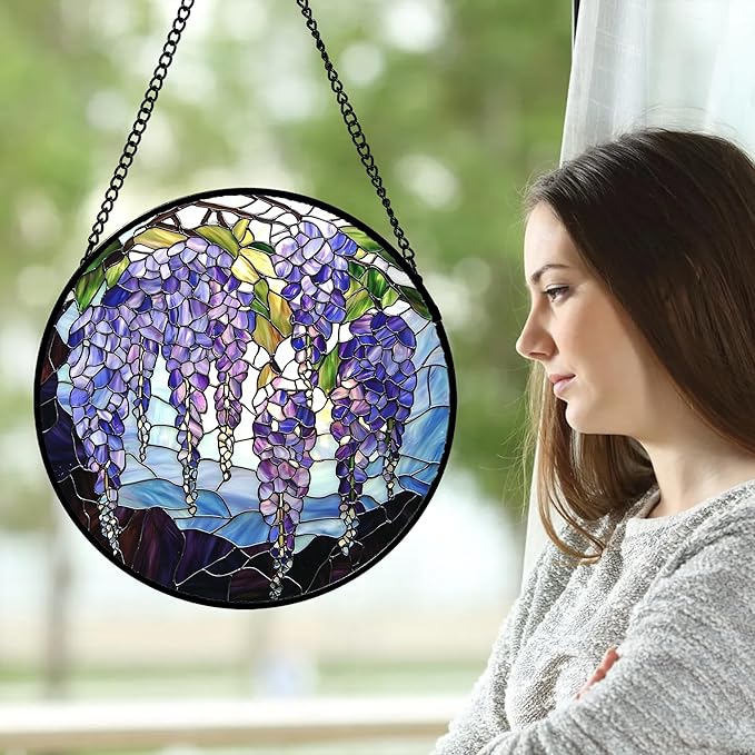 Stained Glass Window Hanging, Purple Wisteria Flowers Suncatcher for Doors Window Home Plant Sun Catchers Decoration Mother's Day Birthday Gifts for Women, Men, and Mom 11.8x11.8 in