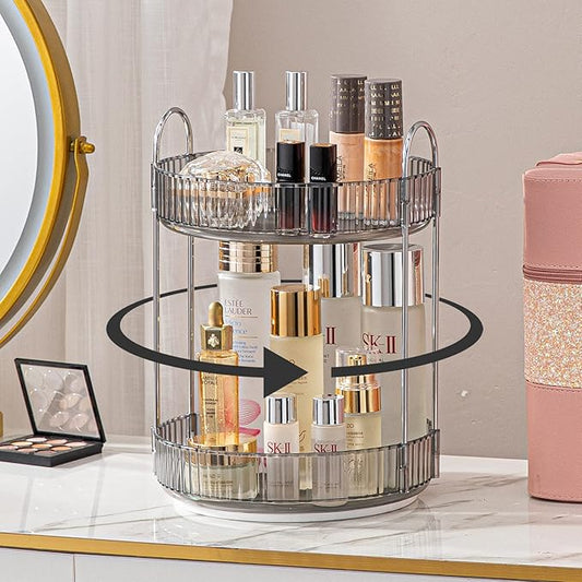 Rotating Makeup Organizer for Vanity, High-Capacity Skincare Clear Make Up Storage Perfume Organizers Cosmetic Dresser Organizer Countertop 360 Spinning (Gray, 2 Tier)