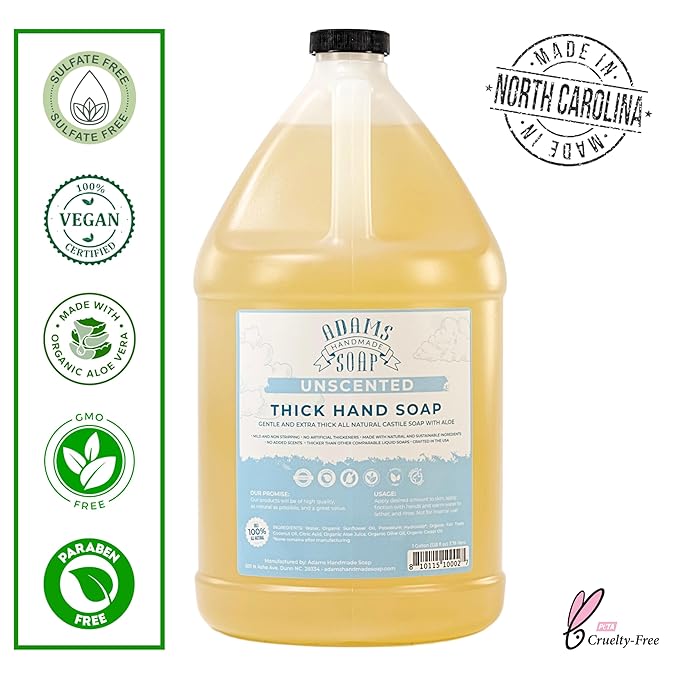 Adams Handmade Soap Thick Organic Castile Liquid Hand Soap 4 Gallon Refill- Unscented