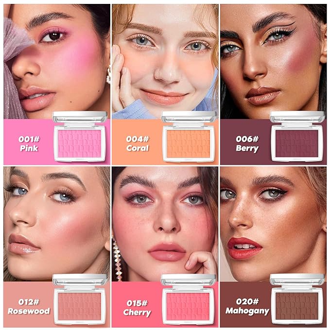 Coral Blush Powder Blush for Cheeks with Brush, Matte Blush Palette Blush Powder Face Blusher, Natural Blendable Formula Silky Lightweight Makeup Blush Rubores de Maquillaje, 004#