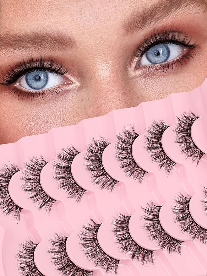 Wispy Lashes False Eyelashes 16mm Strip Lashes Fluffy Eyelashes C Curl Lash Strips Fake Eyelashes Natural with 0.1MM Thin Cotton Band Siligli 3D Volume Eyelash Pack 7 Pair