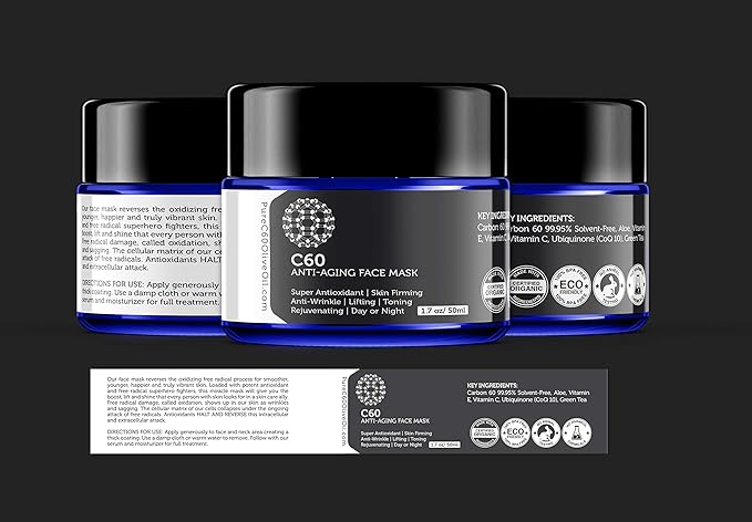 C60 Anti-Aging Face Mask 50ml with Green Tea, Aloe, Ubiquinone (CoQ 10), Vitamin E and Vitamin C for Men & Women Made with Organic Ingredients - From The Leading Global Producer