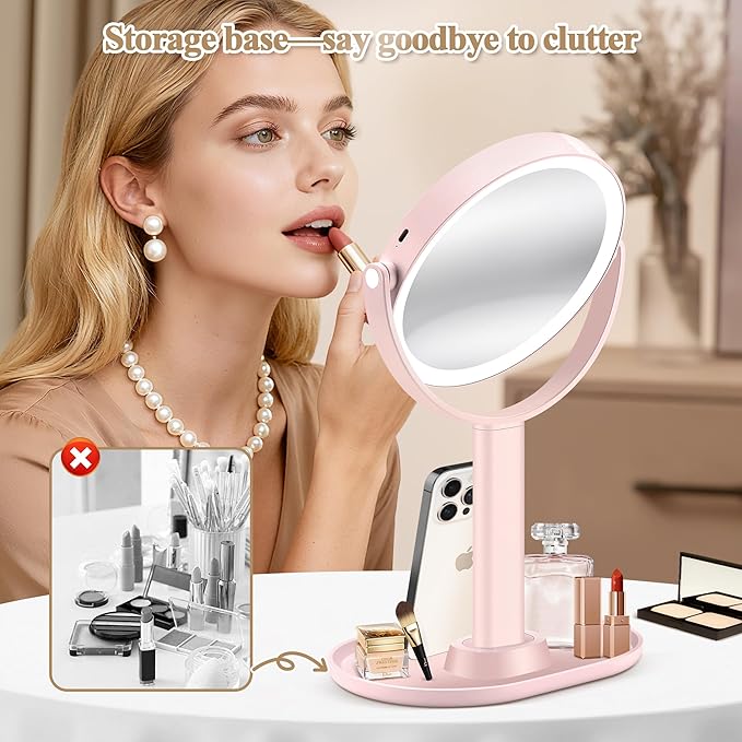 Makeup Mirror with Lights, Double Sided 1x/30x Magnifying Mirror with Light, Rechargeable 3 Color Lights and Adjustable Brightness, 360° Rotation Detachable Comes with Tweezer(Pink)