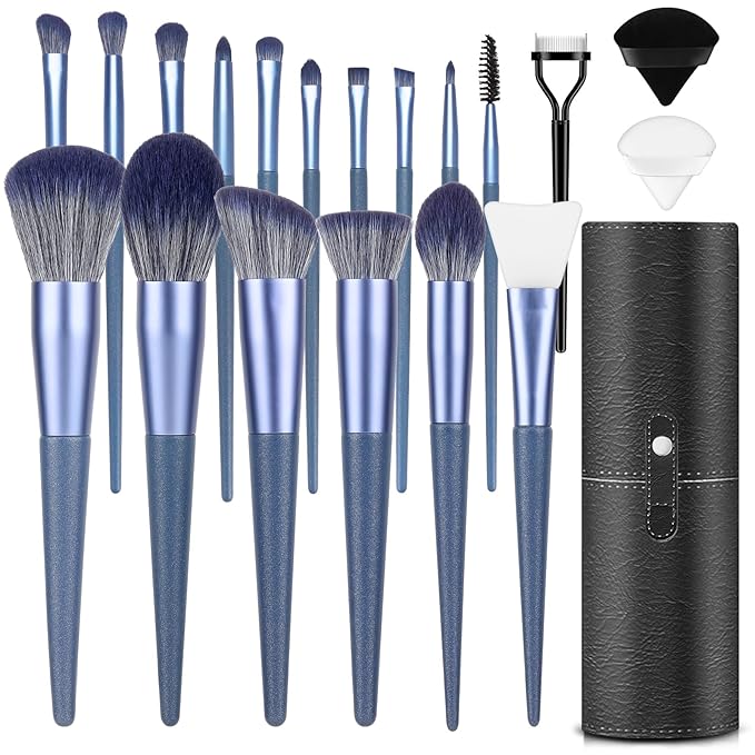 Makeup Brush Set, 17PCs Makeup Brushes with Foundation Eyebrow Blending Concealer Blush Eyeshadow Contour Lash Powder Brush, Make Up Brushes Kit with Organizer Travel Case (Medium, Blue)