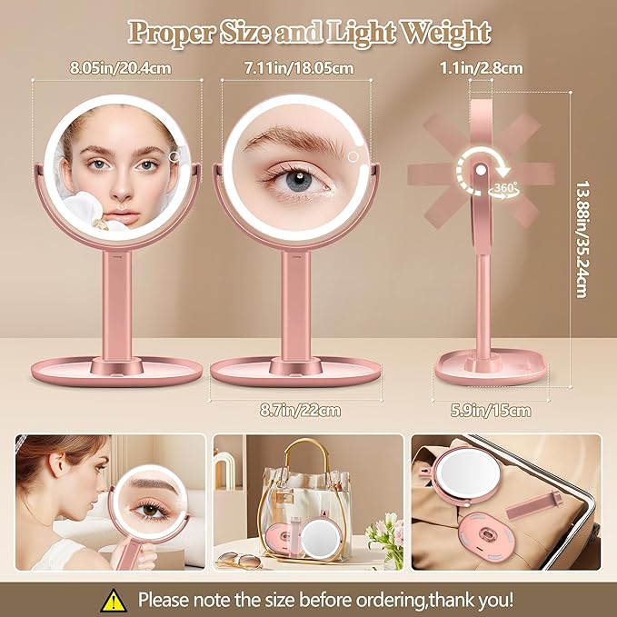 Makeup Mirror with Lights, Double Sided 1x/20x Magnifying Mirror with Light, Rechargeable 3 Color Lights Adjustable Brightness, 360° Rotation Detachable Comes with Tweezer (Rose-Gold)