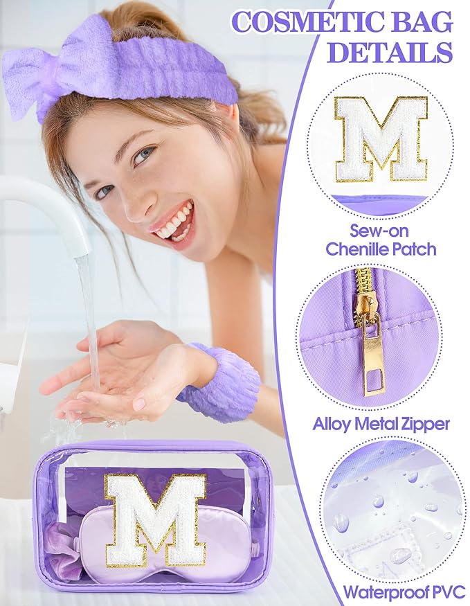 Gift Sets for Women, Initial Makeup Bag with Makeup Brush Set Bachelorette Party Favors, Purple Spa Kit with Skincare Headbands Wrist Bands Sleepover Party Supplies Gifts for Teen Girls Bridesmaid M