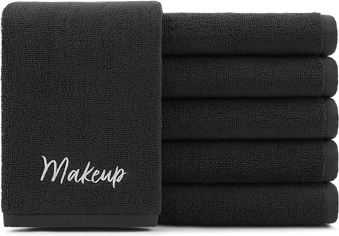 Arkwright Makeup Towels - Pack of 6 - Super Soft 100% Cotton, Gentle & Lightweight Face Make Up Remover Washcloths, Guest Essentials for Hosts & Artists, 13 x 13 in, Black