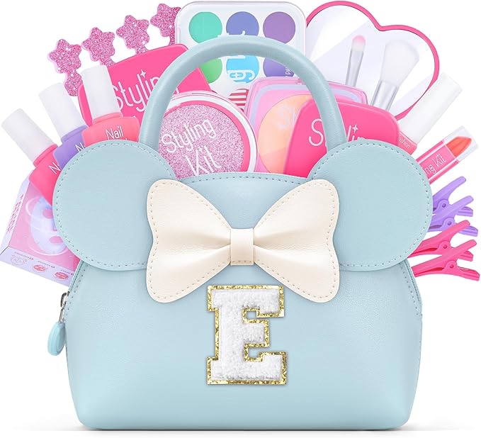 Kids Real Makeup Kit for Girls - 21Pcs Non-Toxic Make Up Toys with Initial Toddler Purse - Personalized Birthday Gifts for Age 5 6 7 8 9 10 Years Old Girls Vanity Set - E
