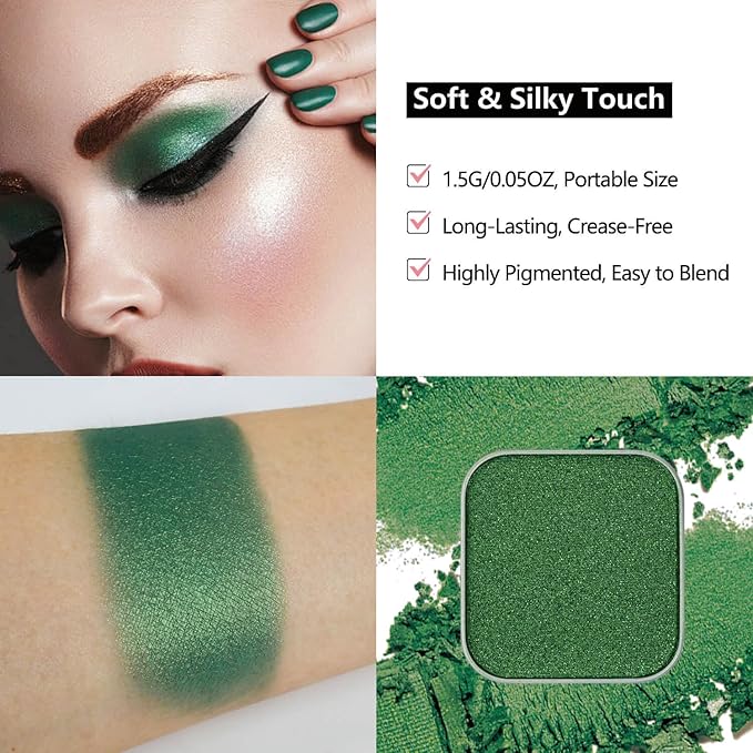 Magnetic Single-Color Metallic Flash Eyeshadow with Pan, Spring and Summer Green Eyeshadow Refill Pan, DIY Empty Magnetic Palette (Green Glimmer)