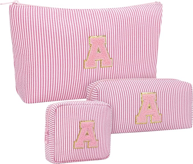 MONSTINA Initial Makeup Bag Set for Women,Monogram Cosmetic Bag,Personalized Make Up Case for Girlfriend Graduation Teacher Gifts,Cute Toiletry Bag Preppy Chenille Letter Patch,Pink A