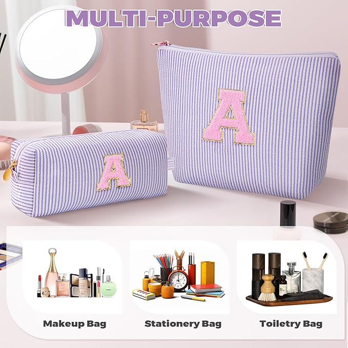 Makeup Bag Set Initials Cosmetic Bag,Birthday Graduation Gifts for 10 11 12 13 14 15 16 17 18 Years Old Girl Girlfriend Teen Girls Gift Trendy Stuff Toiletry Bag Travel - Lavender,A