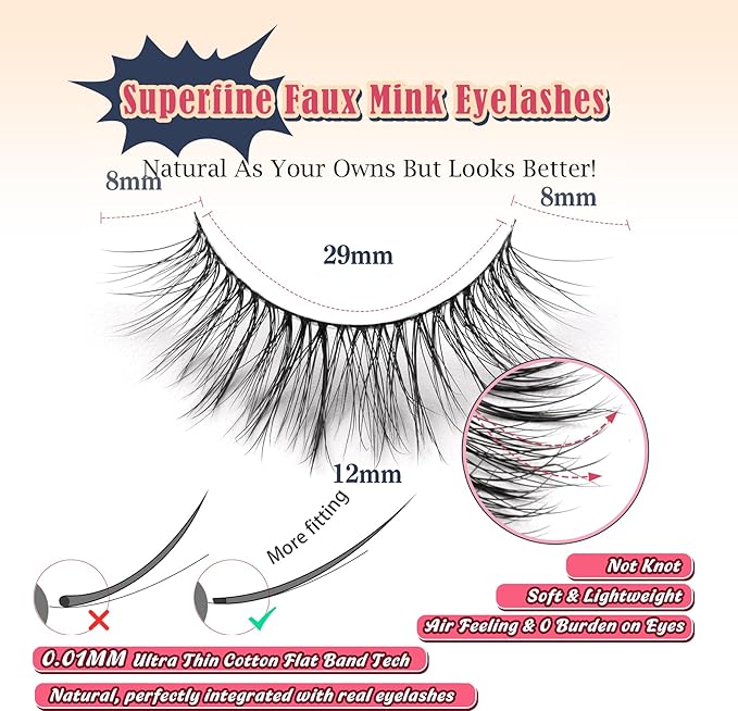 Natural Lashes Eyelashes Wispy 12mm False Lashes 3D Volume Lash Strips False Eyelashes with 0.1MM Thin Cotton Band C Curl Eyelash Pack Siligli 7 Pair
