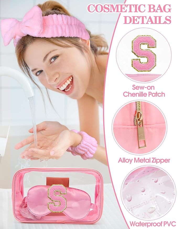 Gift Sets for Women, Initial Makeup Bag with Makeup Brush Set Bachelorette Party Favors, Pink Spa Kit with Skincare Headbands Wrist Bands Sleepover Party Supplies Gifts for Teen Girls Bridesmaid S