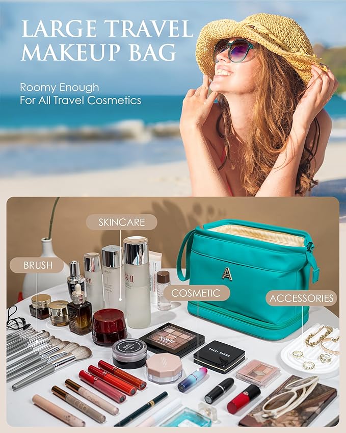 Wedding Party Gifts, Birthday Gift for Her, Makeup Bags, Waterproof Double Layer Cosmetic Bag, Large Capacity PU Leather Makeup Bags Letter Travel Toiletry Bag, Initial Gifts for Coworkers