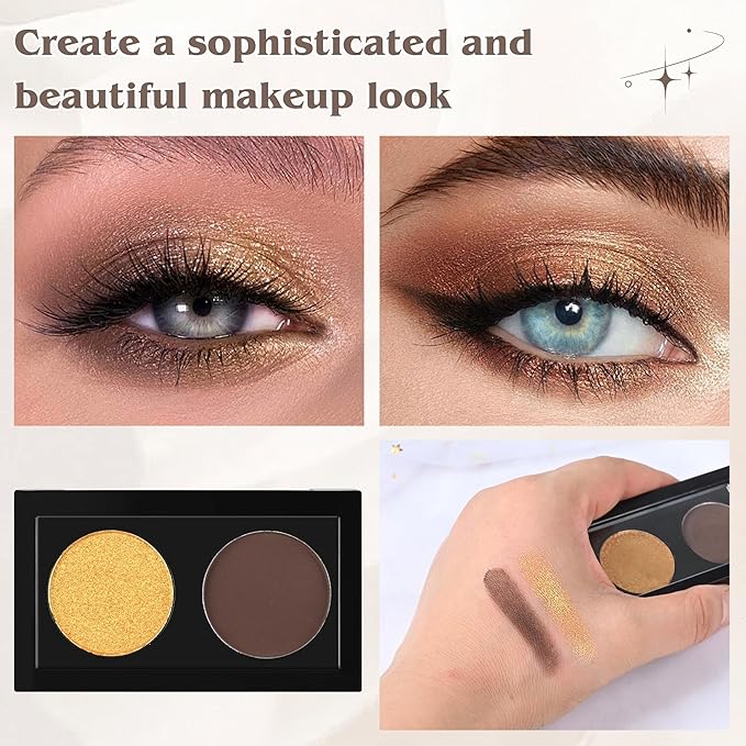 Duo Eye Shadow Powder，Gold Shimmer Brown Matte Eyeshadow Makeup Palette，Neutral Shades Eyeshadow Palette for Woman Daily Eyes Looks，Highly Pigmented，Smooth, Blendable，sombras de ojos, Cruelty-Free 08