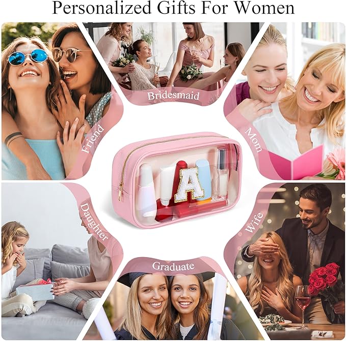 YOOLIFE Initial Birthday Gifts for Girls Kids Clear Makeup Bag Preppy Cosmetic Bags Organizer Travel Essentials Pink Gifts for Girls Teen Girlfriend Teacher Kids Birthday Gift Preppy Stuff M