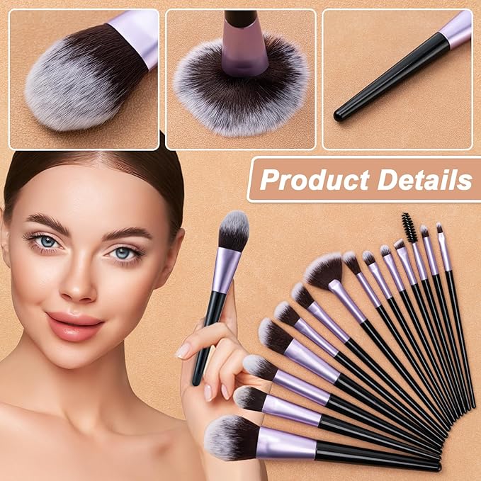 Makeup Brushes, 14 Pcs Professional Makeup Brush Set, Eye and Face Foundation Brush Set, Eyeshadow Brushes, Cosmetic Brushes, with PU Bag, Pale Purple