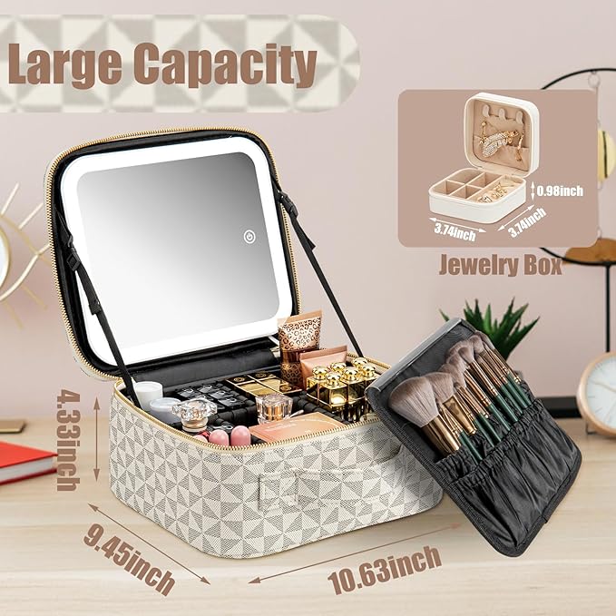 Makeup Travel Train Case with Mirror LED Light 3 Adjustable Brightness Large Cosmetic Bag Portable Storage Adjustable Partition Waterproof Makeup Brushes Make up Jewelry Gift for Women