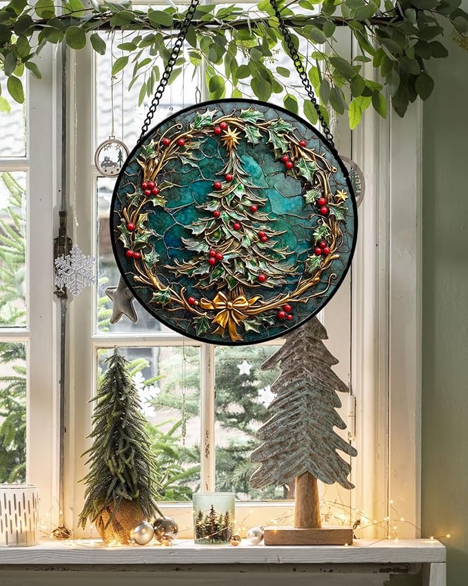 Stained Glass Window Hangings - Red Gold Green Wreath Suncatcher for Door Home Christmas Tree Decoration Sun Catcher Thanksgiving New Year Birthday Gift for Women Men Mom Grandma 7.8 in