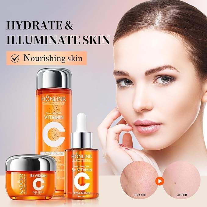 5x Vitamin C Skincare Set,Revitalizing Toner, Nourishing Essence, Face Moisturizer, Deep Cleansing & Hydration Balance, Refines Pores & Enhances Luminosity, Unique Gift for Women