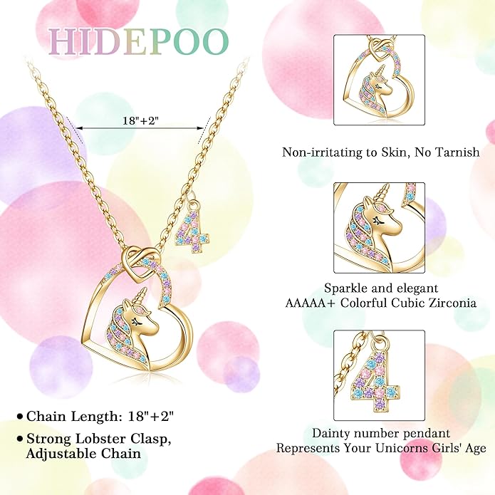 Hidepoo Birthday Unicorns Gifts for Girls - Unicorn Necklace Birthday Gift for 3-16 Year Old Girl Colorful CZ Heart Pendant Unicorn Necklace for Girls Gifts Jewelry