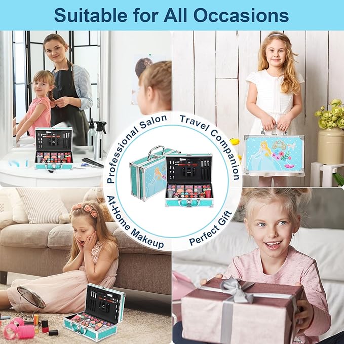 Anpro All-In-One Makeup Carry Case with Pro Teen Makeup Set, Full Starter Cosmetics Kit with Makeup Brushes, Lipsticks, Eye Shadows Palette, Blushes, Glitter Gel-Blue Leopard