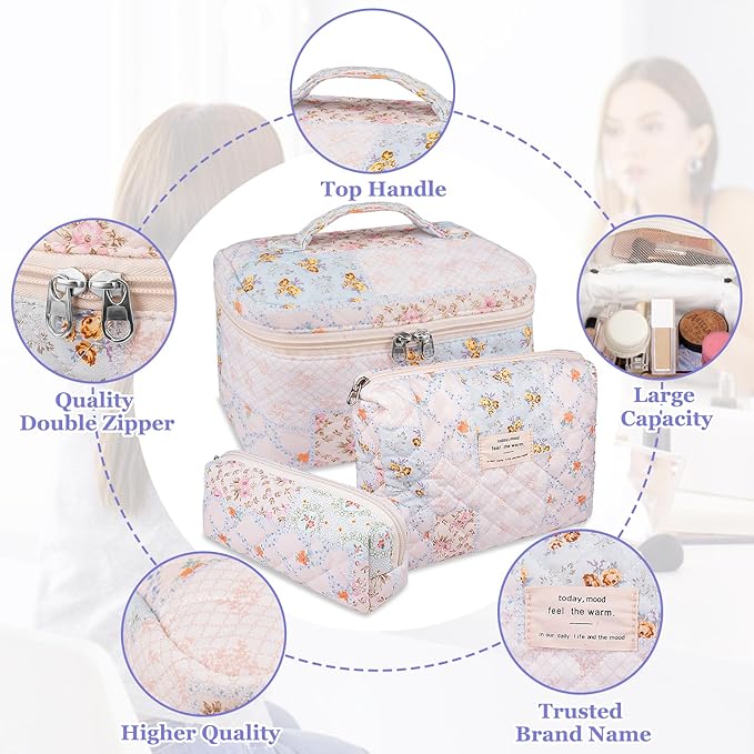 Makeup Bag Set, Quilted Makeup Bag, Large Floral Cosmetic Bag for Women, Cute Cotton Makeup Bags, Flower Travel Toiletry Organizer Bag (Folk Style)