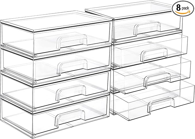 Vtopmart 12.1''W Clear Stackable Storage Drawers,8 Pack Acrylic Plastic Organizers Bins for Makeup Palettes, Cosmetics and Beauty Supplies,Ideal for Vanity, Bathroom,Cabinet,Desk Organization