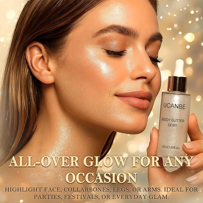 Liquid Glitter Highlighter Glow Drops – Face Highlighter & Body Shimmer Makeup, Illuminating Radiant Glow for Festival Rave Party, Long Lasting 02 Silver Fairy White