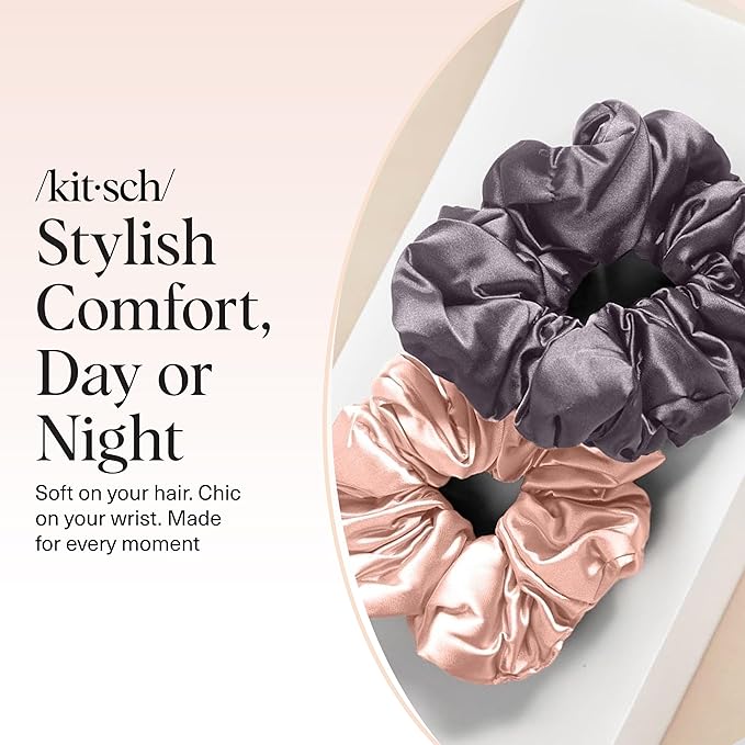 Kitsch Satin Hair Scrunchies for Women, Softer Than Silk Scrunchies for Hair - No Damage Satin Hair Ties, Ponytail Holders, 2pc (Blush/Charcoal)