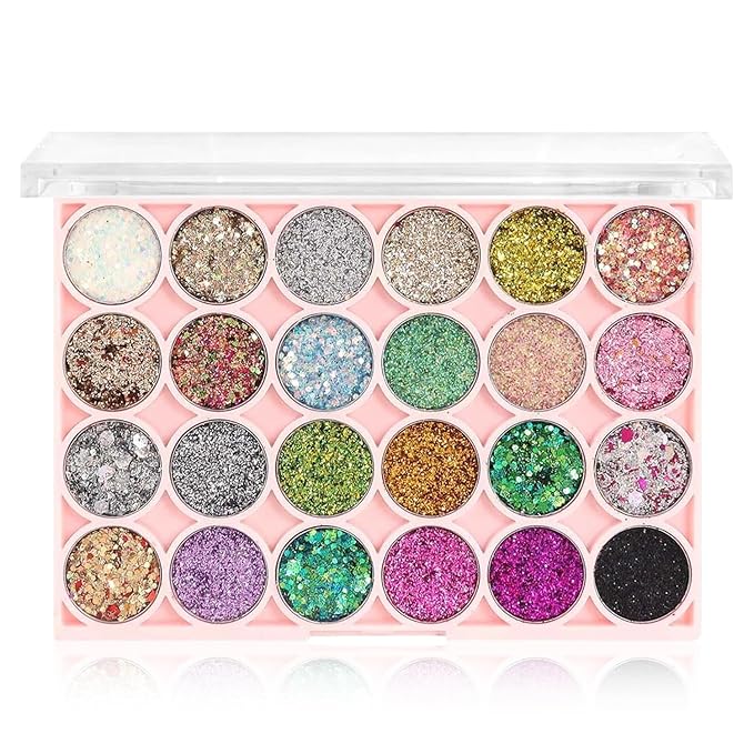 Glitter Eyeshadow Palette, 24 Colors Highly Pressed Pigmented Metallic Shimmer Sparkly Glitter Eyeshadow Makeup Pallet Palettes,Pink Blue Green Red Gold Purple Long Lasting Waterproof (24pcsA)