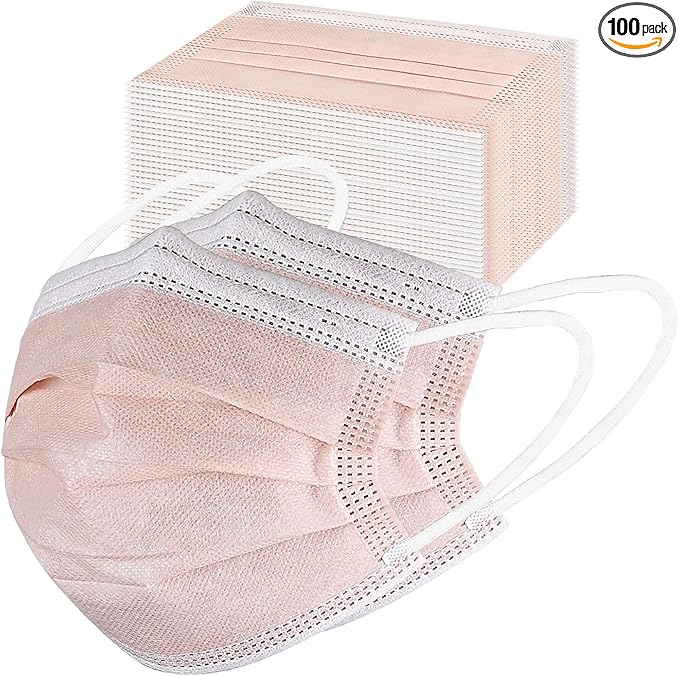 akgk Disposable Face Masks 100Pcs, 3 Layer Protective Face Mask Blush Pink Face Masks