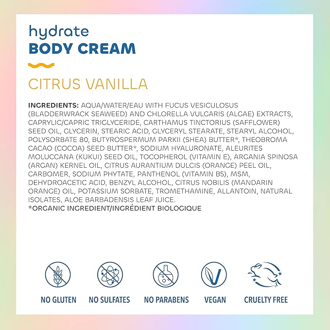 Seaweed Bath Co. Hydrate Body Cream, Citrus Vanilla Scent, 6 Ounce, Nourishing Hand & Body Lotion Moisturizer for Dry Skin, with Sustainably Harvested Seaweed, Kukui Oil, Hyaluronic Acid, Shea Butter