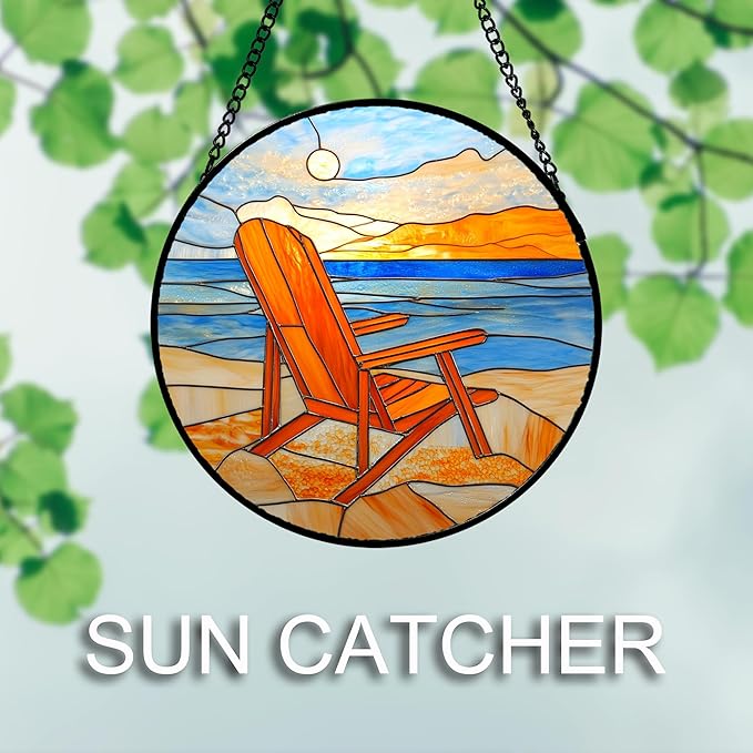 Stained Glass Window Hanging 4 Pcs Set Blue Orange Ocean Beach Theme Large 15" - Suncatcher Door Garden Sun Catcher Decor Birthday Christmas for Mom Woman Nana Men Wife