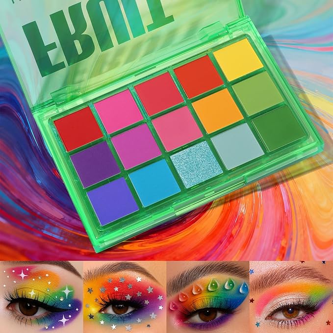 UCANBE Bright Colorful Neon Rainbow Makeup Eyeshadow Palette 15 Shades Green Purple Yellow Make Up Pallets Kit Vibrant Shimmer Matte Pigmented Blendable - Fruit Punch