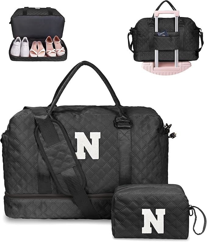 Gifts for Her-Duffle Bag with Shoe Compartment, Personalized Weekender Bag, Monogram Overnight Bag, Letter Travel Bag with Makeup Bag，Sister Friend Girlfriend Gifts (Letter N)