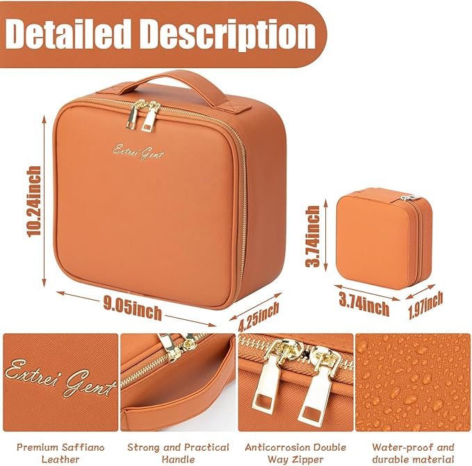 Makeup Travel Train Case with Mirror LED Light 3 Adjustable Brightness Large Cosmetic Bag Portable Storage Adjustable Partition Waterproof Makeup Brushes Make up Jewelry Gift for Women