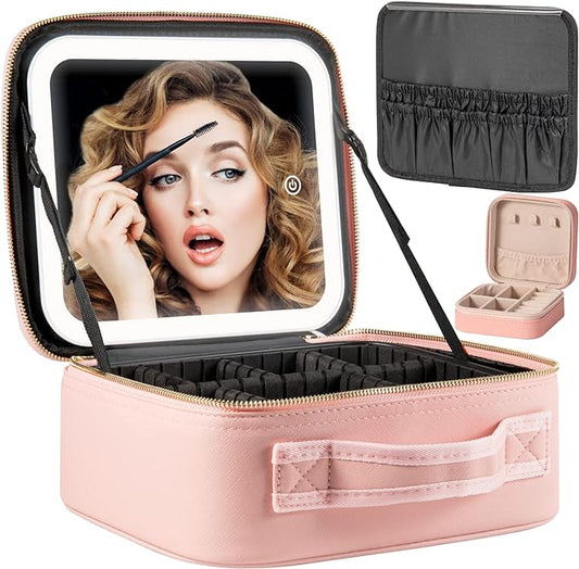 Makeup Travel Train Case with Mirror LED Light 3 Adjustable Brightness Large Cosmetic Bag Portable Storage Adjustable Partition Waterproof Makeup Brushes Make up Jewelry Gift for Women