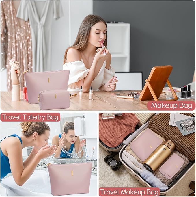Women Gifts | Initial Makeup Bag Set for Girl Personalized Gifts for Bridesmaid Friend Graduation Teachers PU Leather Cosmetic Travel Toiletry Bag(Pink,I)