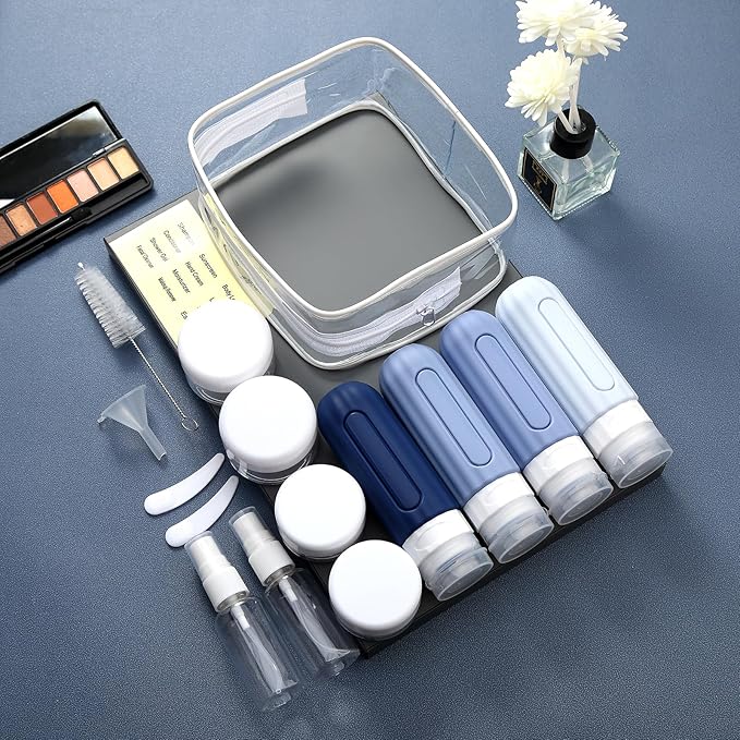 16 Pack Travel Bottles Set for Toiletries, Leakproof Travel Containers for Toiletries TSA Approved Silicone Travel Accessories Squeezable Refillable 3oz for Shampoo Conditioner Lotion Blue