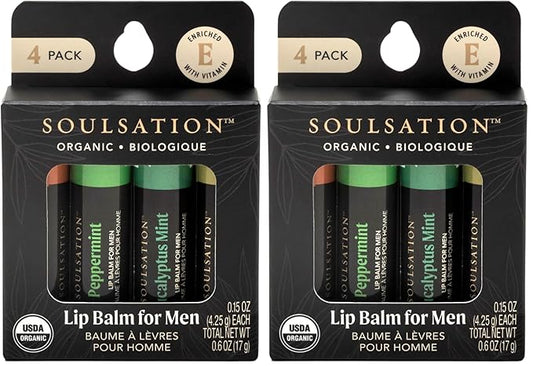 Organic Lip Balm Set for Men - 4 Flavors - 100% Natural Moisturizing for Cracked & Dry Lips (Pack of 2)