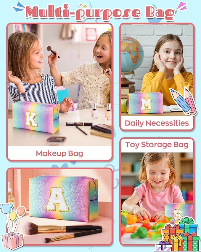 Birthday Gifts for 4 5 6 7 8 9 10 11 12 Year Old Girls, Initial Makeup Toiletry Bag for Kids, Kindergarten Graduation Gifts, Teacher Appreciation Gifts, Cute Trendy Stuff (Small)