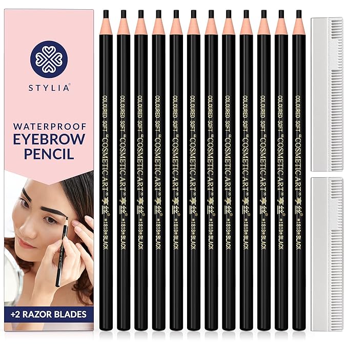 Stylia Waterproof Eyebrow Pencils For Women – Long-Lasting Microblading Supplies Brow Pencil, Perfect for Eyebrow Shaper, Filling & Defining Natural-Looking Brow - (12PC Dark Brown)