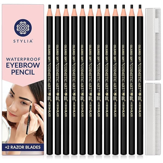 Stylia Waterproof Eyebrow Pencils For Women – Long-Lasting Microblading Supplies Brow Pencil, Perfect for Eyebrow Shaper, Filling & Defining Natural-Looking Brow - (12PC Dark Brown)